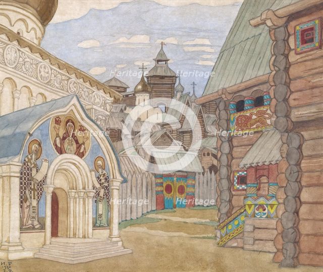 Russian Village. Stage design for the opera The Tale of Tsar Saltan by N. Rimsky-Korsakov. Artist: Bilibin, Ivan Yakovlevich (1876-1942)