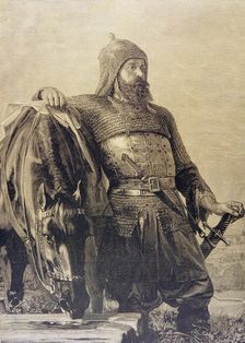 Russian warrior with his horse (Wereschtschagine painting), engraving, 1885