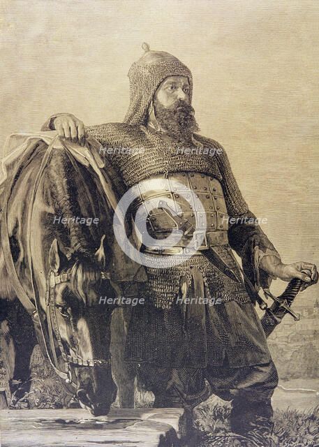 Russian warrior with his horse (Wereschtschagine painting), engraving, 1885.