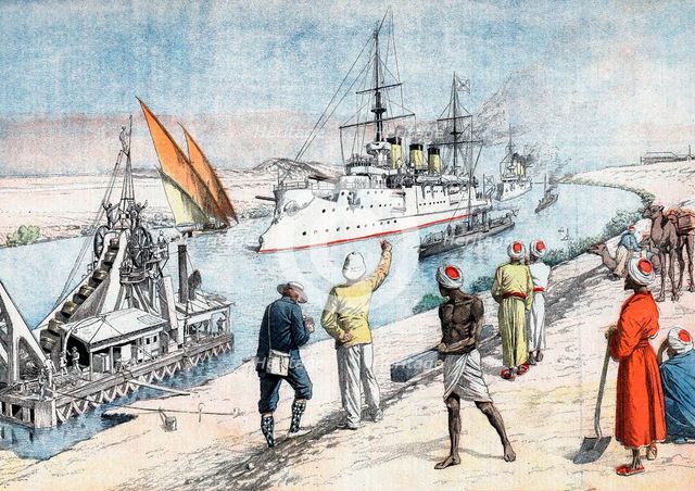 Russian warships passing through the Suez Canal, Russo-Japanese War, 1904-5. Artist: Unknown