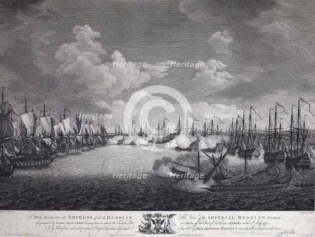 Russian and Turkish fleet before the Battle of Chesma on July 5, 1770.