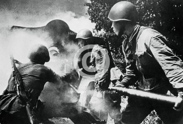 Russian artillery in action, Eastern Front, 1943. Artist: Unknown