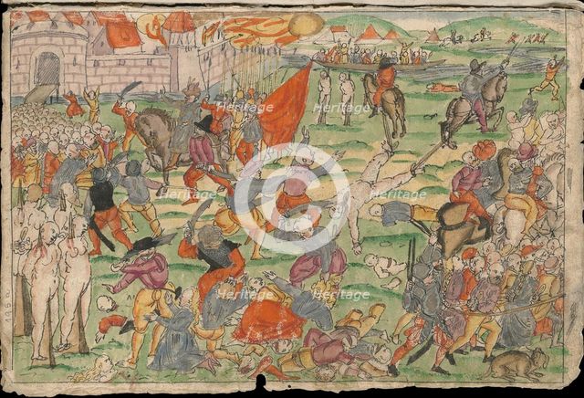 Russian atrocities in Livonia on July and August 1577. From Johann Jakob Wick's Sammlung von Nachric Artist: Anonymous  