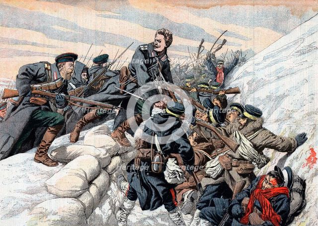 Russian attack on the Japanese trenches, Russo-Japanese War, 1904-5. Artist: Unknown