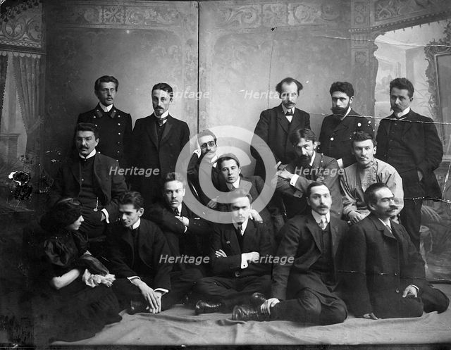 Russian author and poet Andrei Bely with symbolist authors, 1907. Artist: Unknown