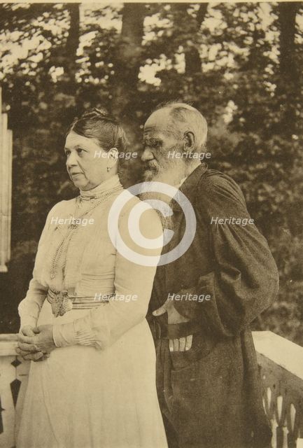 Russian author Leo Tolstoy and his wife, Sophia, Russia, 1890s.  Artist: Sophia Tolstaya