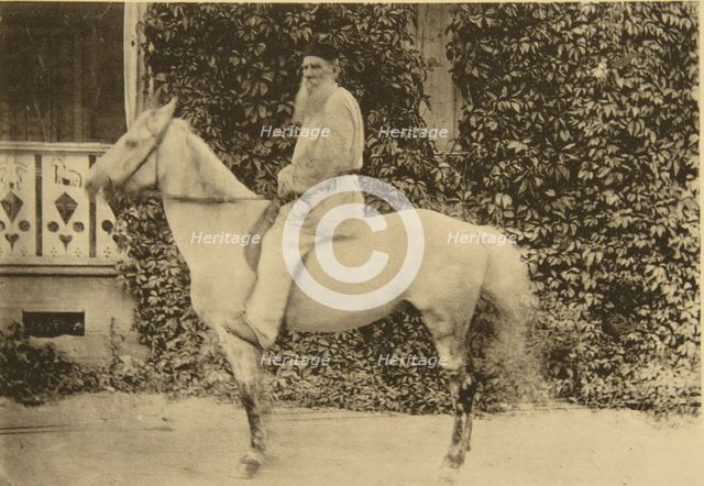 Russian author Leo Tolstoy on horseback, Moscow, Russia, 1890s. Artist: Sophia Tolstaya