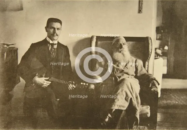 Russian author Leo Tolstoy with the balalaika player Boris Troyanovsky, Russia, 1909. Artist: Sophia Tolstaya
