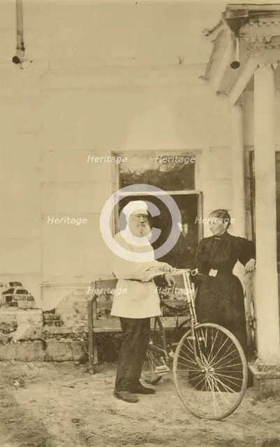 Russian author Leo Tolstoy with a bicycle, Russia, 1890s. Artist: Sophia Tolstaya