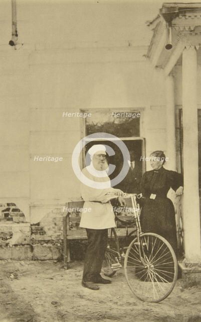 Russian author Leo Tolstoy with a bicycle, Russia, 1890s. Artist: Sophia Tolstaya