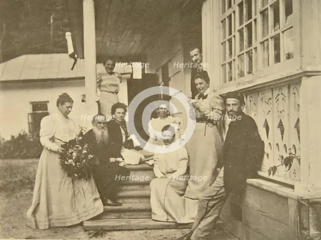 Russian author Leo Tolstoy with family on his wife's birthday, Russia, 1900s. Artist: Sophia Tolstaya