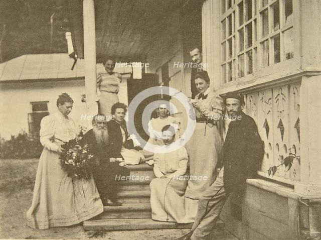 Russian author Leo Tolstoy with family on his wife's birthday, Russia, 1900s. Artist: Sophia Tolstaya