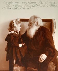 Russian author Leo Tolstoy with his granddaughter Tatiana, Yasnaya Polyana, Russia, c1910. Artist: Vladimir Grigorievich Chertkov