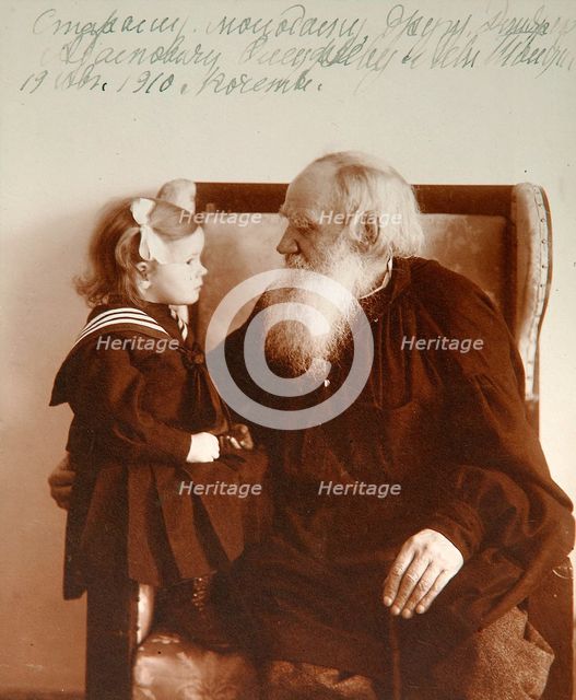 Russian author Leo Tolstoy with his granddaughter Tatiana, Yasnaya Polyana, Russia, c1910.  Artist: Vladimir Grigorievich Chertkov