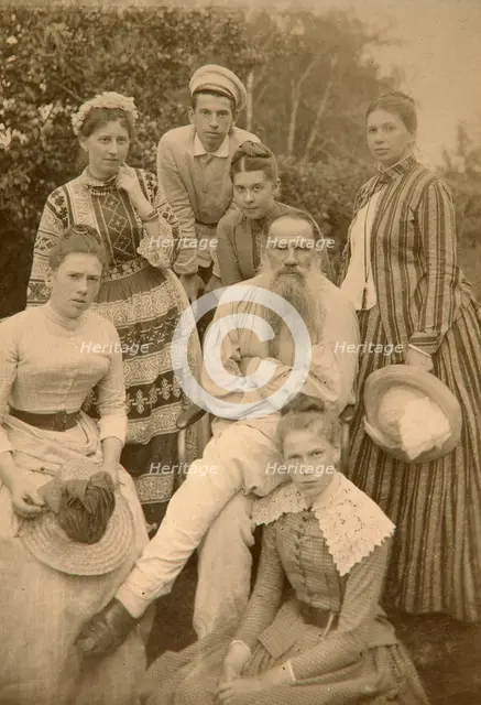 Russian author Leo Tolstoy with his family, Yasnaya Polyana, Russia, late 19th century(?).  Artist: Semyon Abamalek-Lazarev