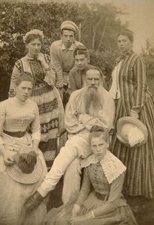 Russian author Leo Tolstoy with his family, Yasnaya Polyana, Russia, late 19th century(?). Artist: Semyon Abamalek-Lazarev