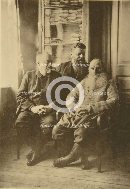 Russian author Leo Tolstoy with politician Mikhail Stakhovich and Mikhail Sukhotin, Russia, 1900s. Artist: Sophia Tolstaya