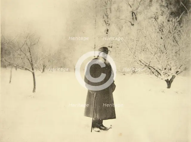 Russian author Leo Tolstoy taking a winter walk, 1900s. Artist: Sophia Tolstaya