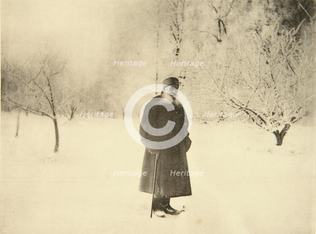 Russian author Leo Tolstoy taking a winter walk, 1900s. Artist: Sophia Tolstaya