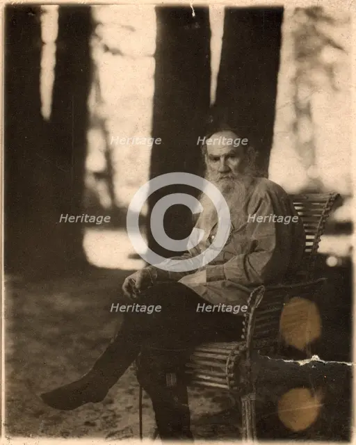Russian author Leo Tolstoy, Yasnaya Polyana, near Tula, Russia, 1908. Creator: Sergey Mikhaylovich Prokudin-Gorsky.