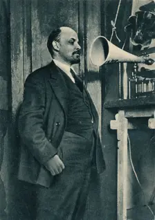 Russian Bolshevik leader Vladimir Lenin at a radio recording in the Kremlin, Moscow, Russia 1919