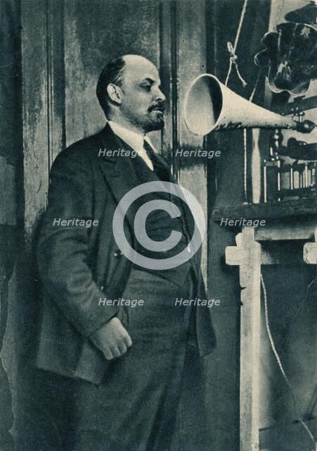 'Russian Bolshevik leader Vladimir Lenin at a radio recording in the Kremlin, Moscow, Russia', 1919. Artist: Unknown.