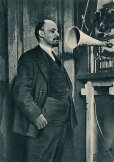 Russian Bolshevik leader Vladimir Lenin at a radio recording in the Kremlin, Moscow, Russia 1919
