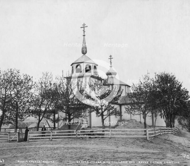 Russian church with ground covered with volcanic ash after Katmia [i.e. Mount Katmai] eruption, 1912 Creator: Eric A. Hegg.