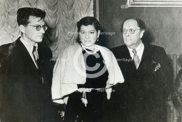 Russian composer Dmitri Shostakovich, singer Maria Maksakova and writer Aleksey Tolstoy, 1943. Artist: Unknown