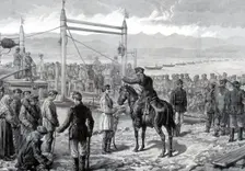 Russian convicts under military escort waiting to be ferried across the river Yenisei, Siberia, 1882