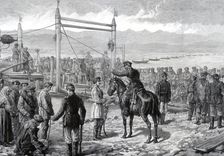 Russian convicts under military escort waiting to be ferried across the river Yenisei, Siberia, 1882