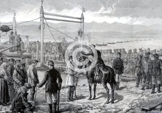 Russian convicts under military escort waiting to be ferried across the river Yenisei, Siberia, 1882 Artist: Unknown