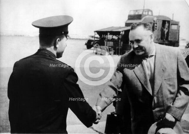 Russian cosmonaut Yuri Gagarin and rocket engineer Sergey Korolyov, 1961. Artist: Unknown