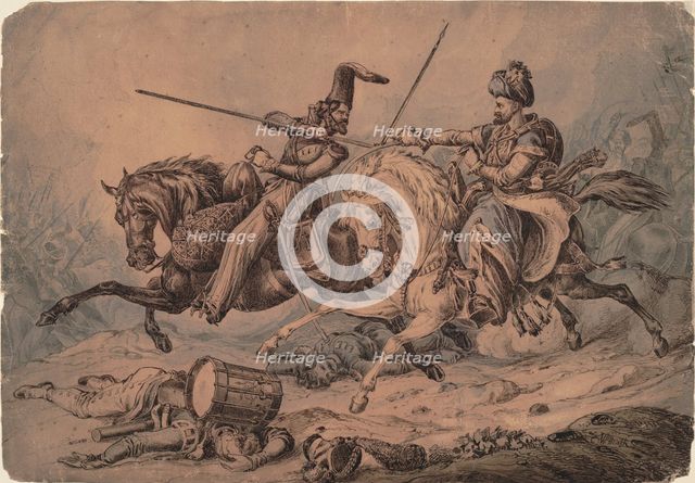 Russian Cossack in combat with a Mameluke, 1815. Artist: Heath, William (1795-1840)