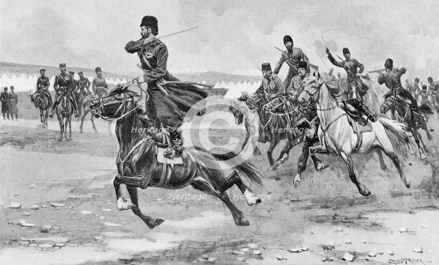 Russian Cossacks at drill, Russo-Japanese War, 1904-5. Artist: Unknown