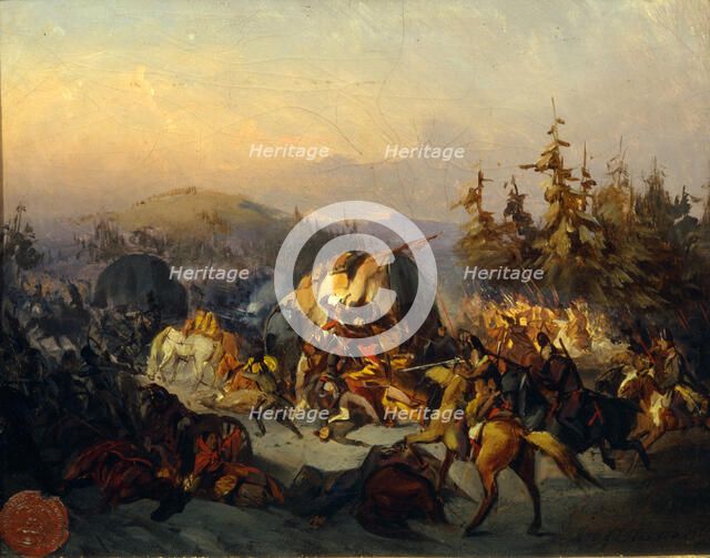 Russian Cossacks attack French troops in transit. Artist: Filippov, Konstantin Nikolayevich (1830-1878)