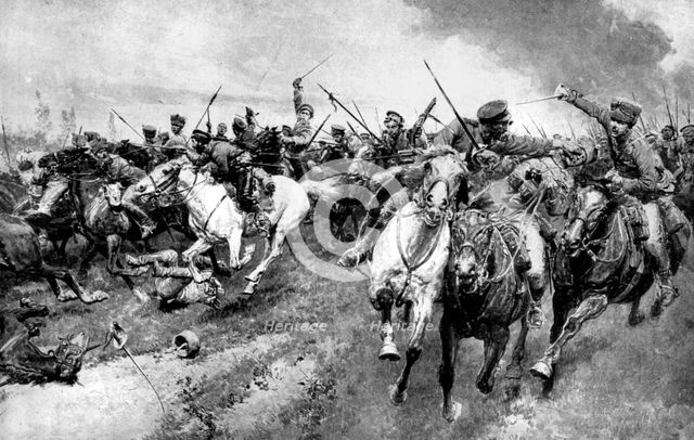 Russian Cossacks attacking German army, East Prussia, First World War, 1914. Artist: Unknown