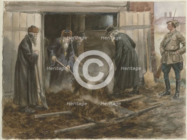 Russian clergy shoveling hay: September 1918 (from the series of watercolors Russian revolution), 19 Artist: Vladimirov, Ivan Alexeyevich (1869-1947)