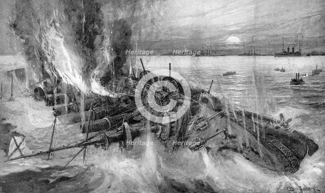 Russian cruiser foundering at the Battle of Cehmulpo, Russo-Japanese War, 1904-5. Artist: Unknown
