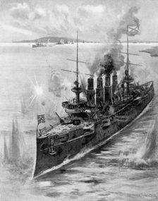 Russian cruiser under fire, Russo-Japanese War, 1904-5