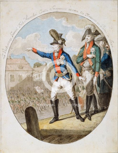 Russian Field Marshal Alexander Suvorov inspecting troops, c1794. Artist: Anon
