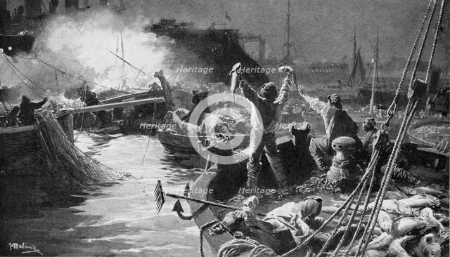 Russian fleet bombarding English fishing boats in the North Sea, Russo-Japanese War 1904-5. Artist: Unknown