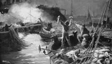 Russian fleet bombarding English fishing boats in the North Sea, Russo-Japanese War 1904-5