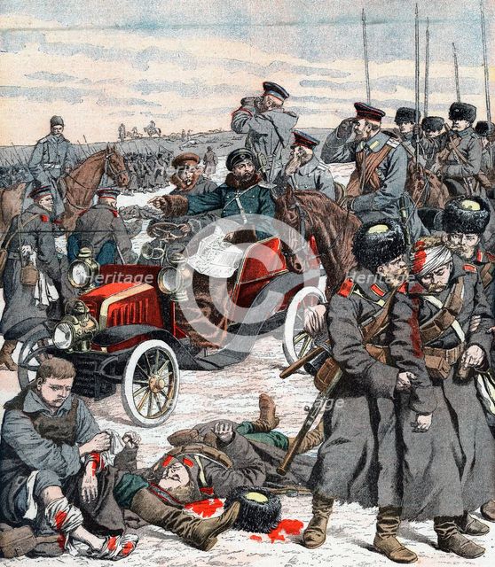 Russian general directing the campaign from his car, Russo-Japanese War, 1904. Artist: Unknown
