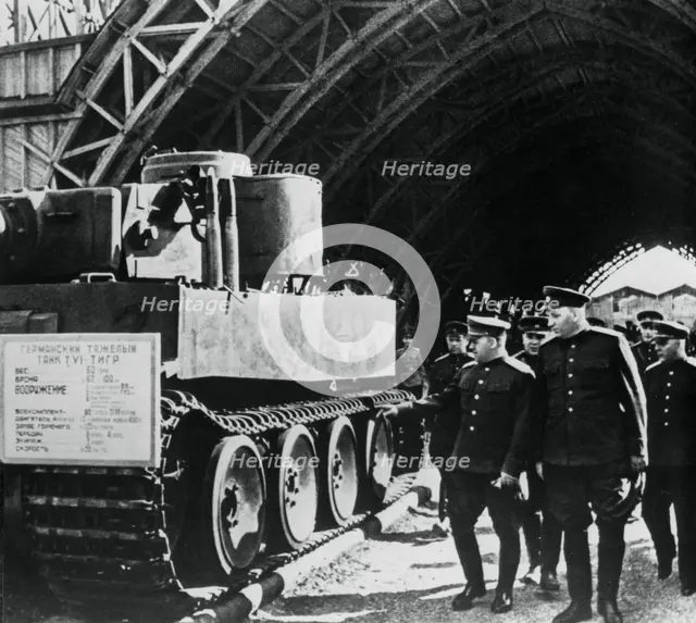 Russian generals inspecting an exposition of captured German armaments, Russia, 1943. Artist: Unknown