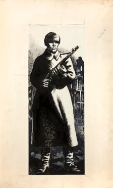 Russian infantryman, standing amidst ruins of town, between 1939 and 1946. Creators: Central Office of Information, Unknown
