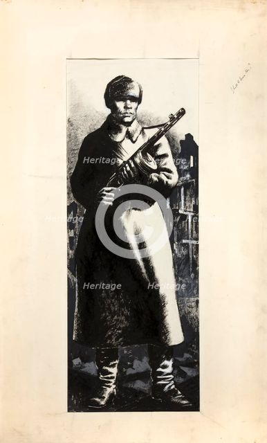 Russian infantryman, standing amidst ruins of town, between 1939 and 1946. Creators: Central Office of Information, Unknown.