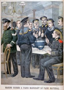 Russian marines eating paiki in Paris, 1900. Artist: Joseph Belon