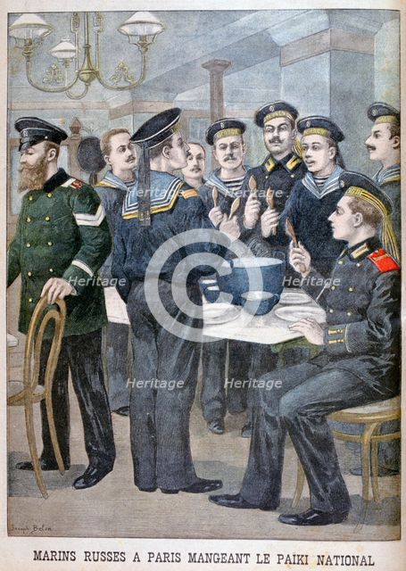 Russian marines eating 'paiki' in Paris, 1900. Artist: Joseph Belon