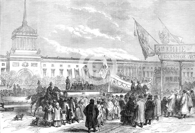Russian marriage festivities: procession of life-boats at St. Petersburg..., 1874. Creator: Unknown.